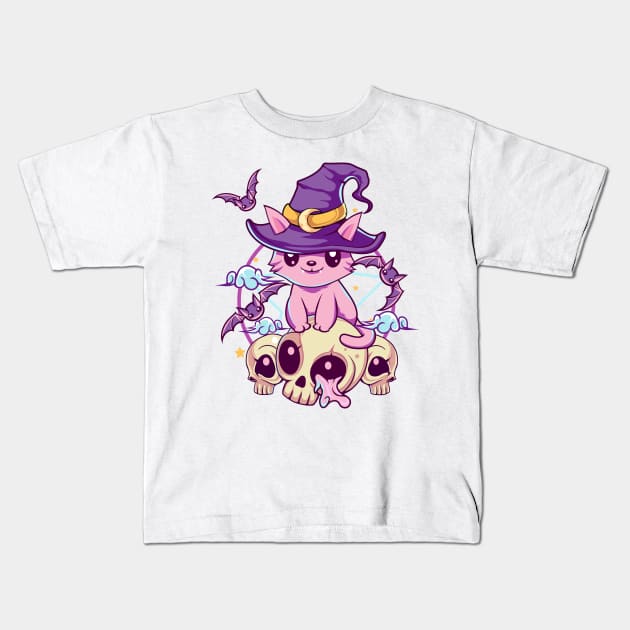 Skull Cat Kawaii Gothic Kids T-Shirt by DionArts